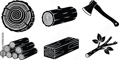 Tree Logs and Branches Vector Set with Wood Texture and Axe Illustration for Nature and Forestry Designs