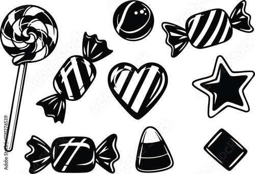 Assorted black and white candy sweets including lollipop heart star and wrapped candies vector illustration 