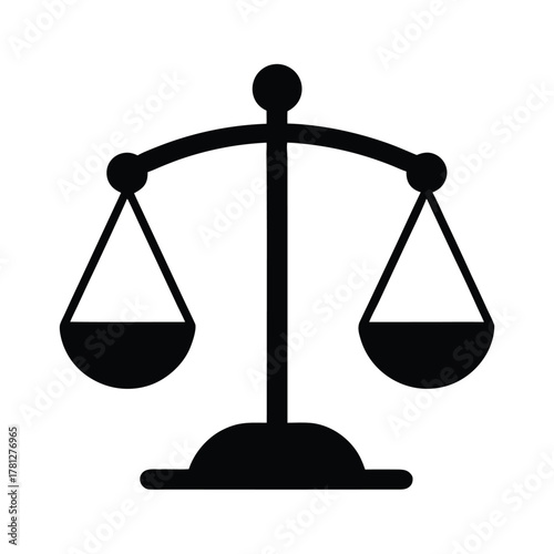 Solid black silhouette of a balanced scale of justice On Transparent Background