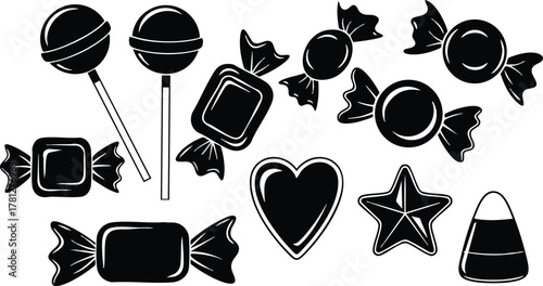 Assorted candy silhouettes with lollipops heart star shapes and candy corn vector illustration black and white 