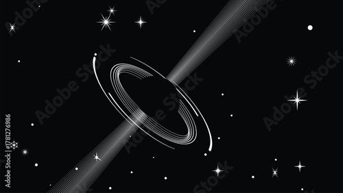 Black hole with disc of plasma eating dying star in space. Supermassive singularity in core off a galaxy, with lines . Event horizon .Vector illustration