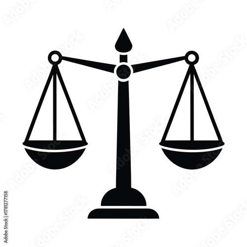 Detailed black silhouette of a balanced scale of justice On Transparent Background