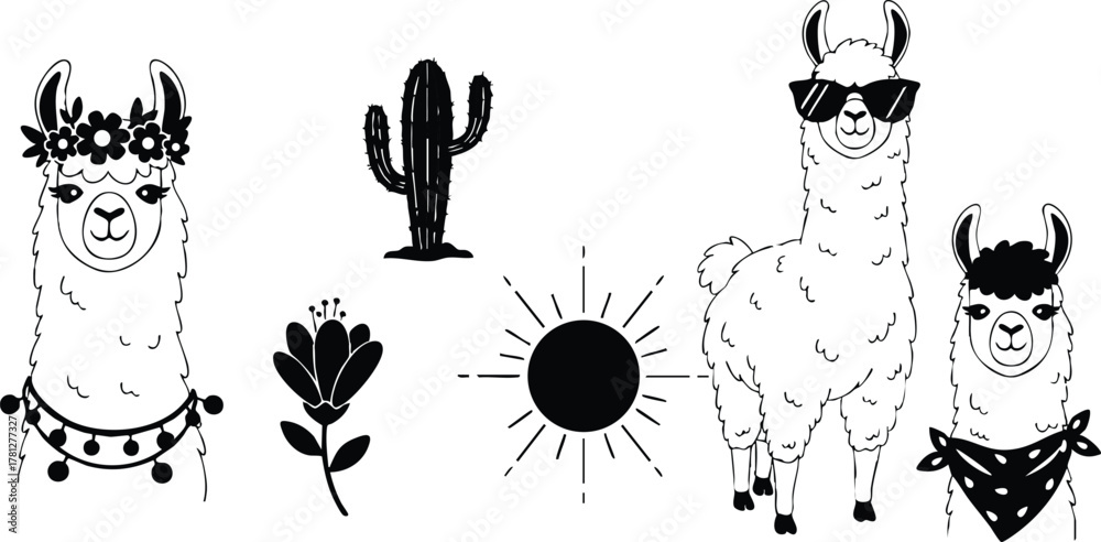 Obraz premium Llama family with cactus flower and sun vector illustration in black and white style 