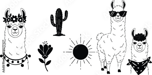 Llama family with cactus flower and sun vector illustration in black and white style 