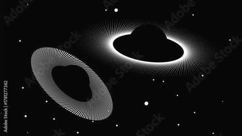 Black hole with disc of plasma eating dying star in space. Supermassive singularity in core off a galaxy, with lines . Event horizon .Vector illustration