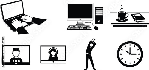 Remote work and online communication icons with computer, coffee, clock, and video call elements for digital lifestyle vector illustration 