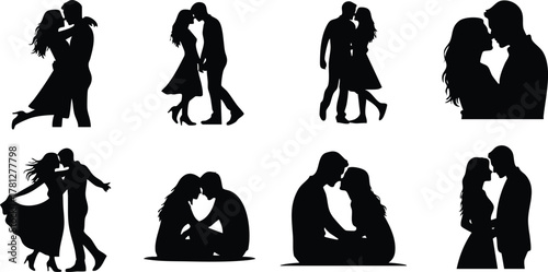 Romantic couple silhouettes in various poses expressing love and affection vector illustration 
