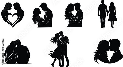 Romantic couple silhouettes in various poses expressing love and connection in black vector illustration 