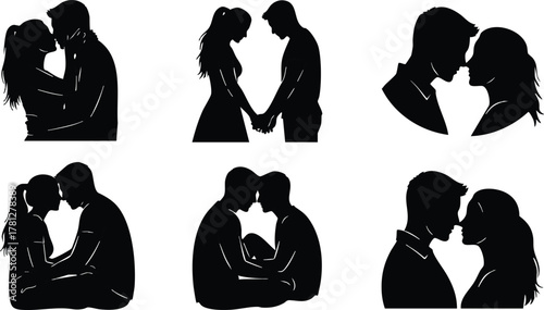 Romantic couple silhouette vector set showing affectionate love moments in black and white design 