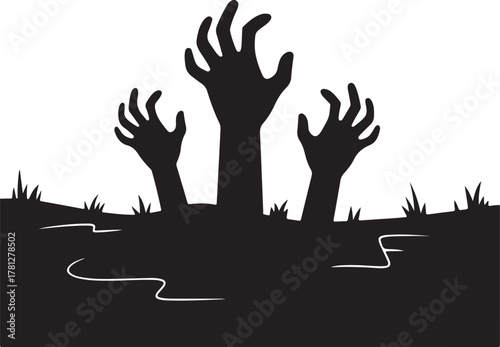 Black silhouette of zombie hands emerging from ground with grass arms vector illustration EPS file download.
