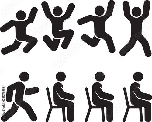 Black stick figures in various poses jumping sitting walking white person vector illustration EPS file download.
