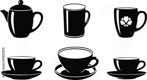 Black silhouette coffee cup and teapot set vector illustration collection for beverage designs 