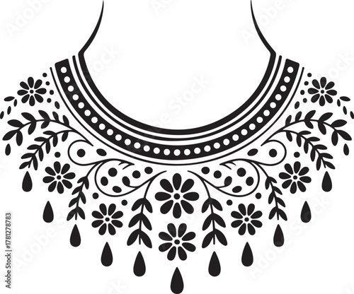 Black floral and teardrop pendant necklace design white flower vector illustration EPS file download.
