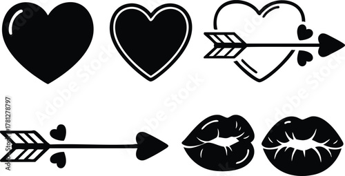 Heart and kiss love symbols with arrow vector illustration in black and white design 