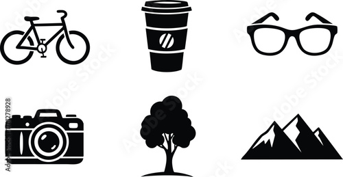 Bicycle coffee cup glasses camera tree mountain black silhouette icons simple design vector illustration 