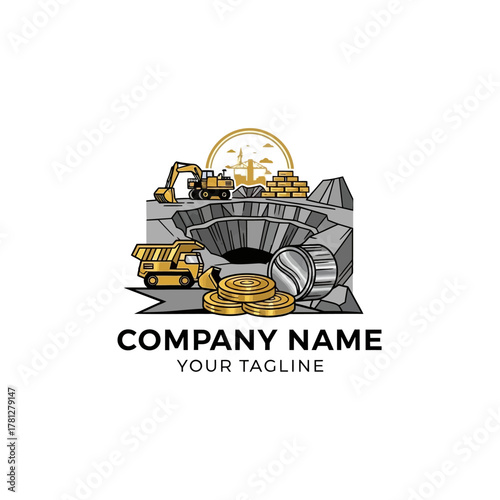 Bitcoin Mining Logo with Excavator and Gold Coins.