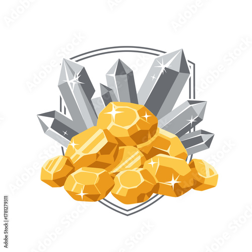 A pile of sparkling gold nuggets and shiny silver crystals on a shield emblem background.