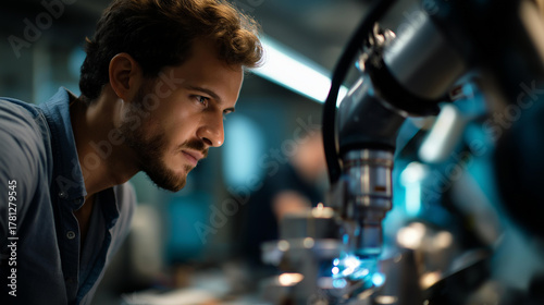 Faceless engineers testing control of robot arm defocused intelligent factory background machine monitoring system software robots welding workpieces producing industrial parts