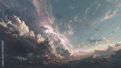 Epic dramatic sky filled with massive storm clouds illuminated by soft glowing sunlight, creating a cinematic atmospheric cloudscape with pastel tones and dynamic formations. Ideal for backgrounds
