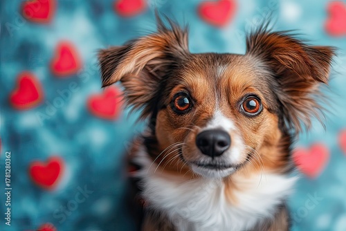 Red dog on a background of red hearts. Pet on blue background.