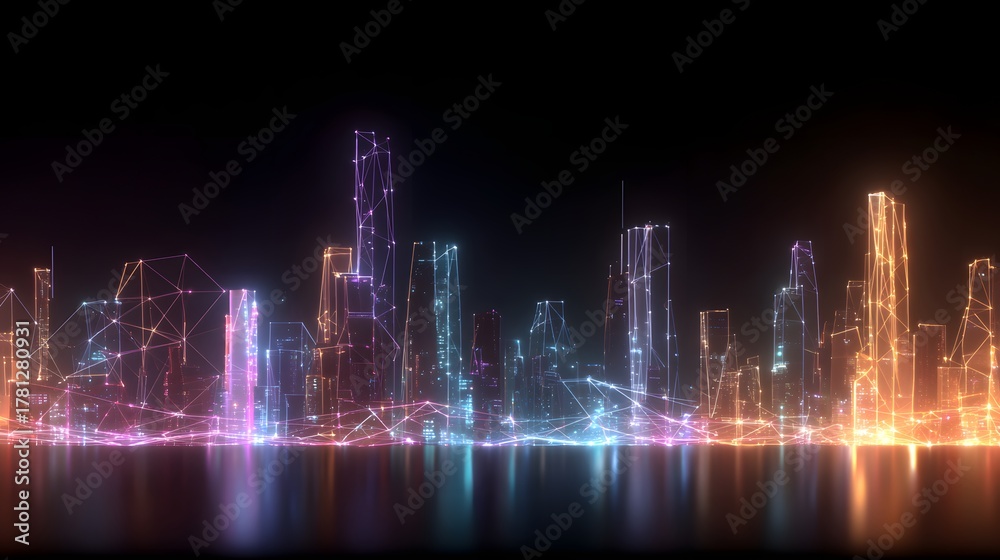 Naklejka premium Digital metropolitan skyline glows with multicolored neon light connections over dark water