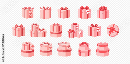 A collection of various pink gift boxes adorned with ribbons and bows, some with heart tags, suitable for celebrations and special occasions.