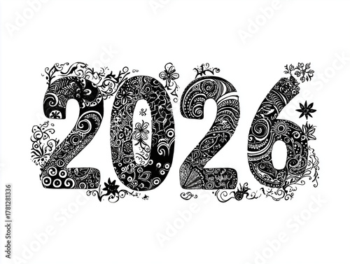 2026 is written with a black and white floral pattern and also flowers.