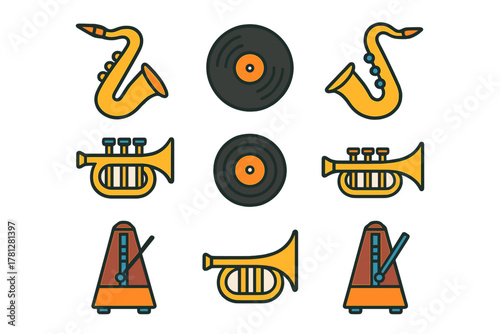 Musical instruments and audio equipment icons pattern featuring saxophone trumpet and vinyl records