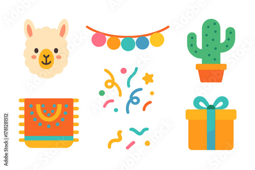 Colorful festive llama, cactus, serape, confetti, gift, and party lights set