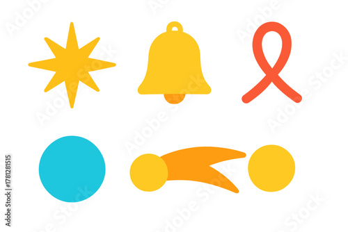 Brightly colored abstract graphic elements set featuring star, notification bell, ribbon, and celestial shapes