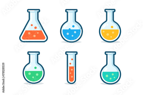 Collection of various laboratory flasks and test tube filled with brightly colored chemical liquids