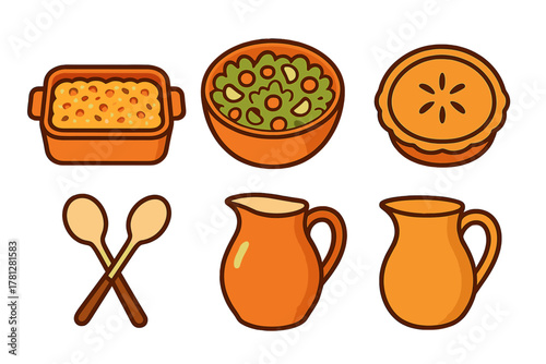 Traditional holiday dinner setting with pie, casserole, serving spoons, bowl, and pitchers