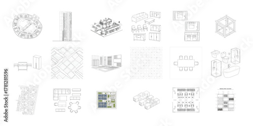 Architectural drawings and furniture layouts blueprints