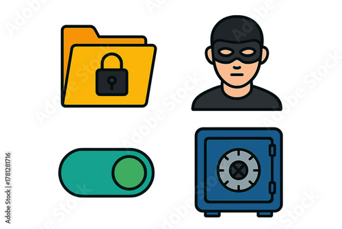 Digital security and crime symbols including locked folder, thief, toggle switch, and safe box