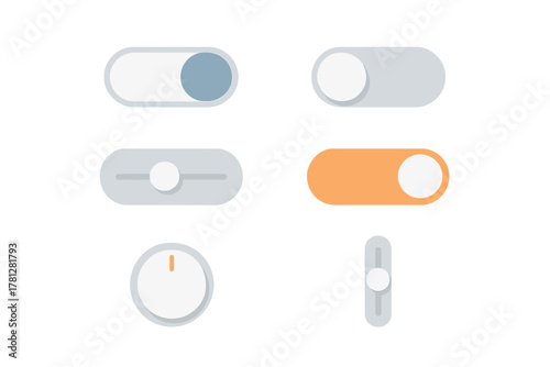 Modern user interface elements set with toggle switches, sliders, and rotary controls