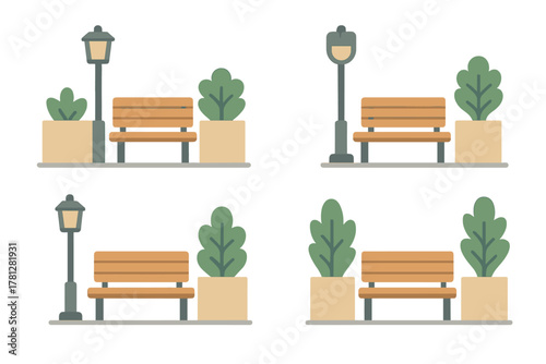 Set of outdoor park benches, street lamps, and potted greenery arranged in a grid