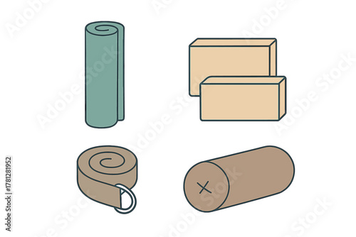 Set of essential fitness and yoga accessories including rolled mat blocks and strap