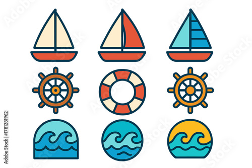 Colorful marine and sailing symbols featuring sailboats, ship wheels, life preservers, and ocean waves