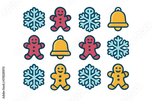 Collection of festive winter icons featuring gingerbread cookies, snowflakes, and golden bells