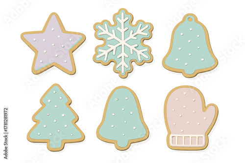 Festive holiday gingerbread cookies decorated with pastel icing and white dots
