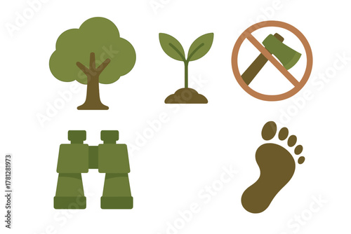 Set of flat design icons representing environmental conservation and nature protection