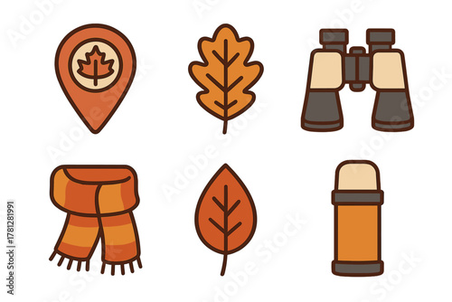 Autumn travel and hiking essentials set featuring leaves, binoculars, scarf, and thermos flask