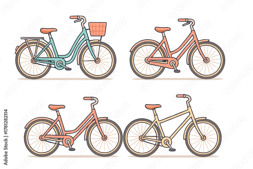 Obraz premium Collection of four retro style bicycles with various frame designs and soft pastel colors