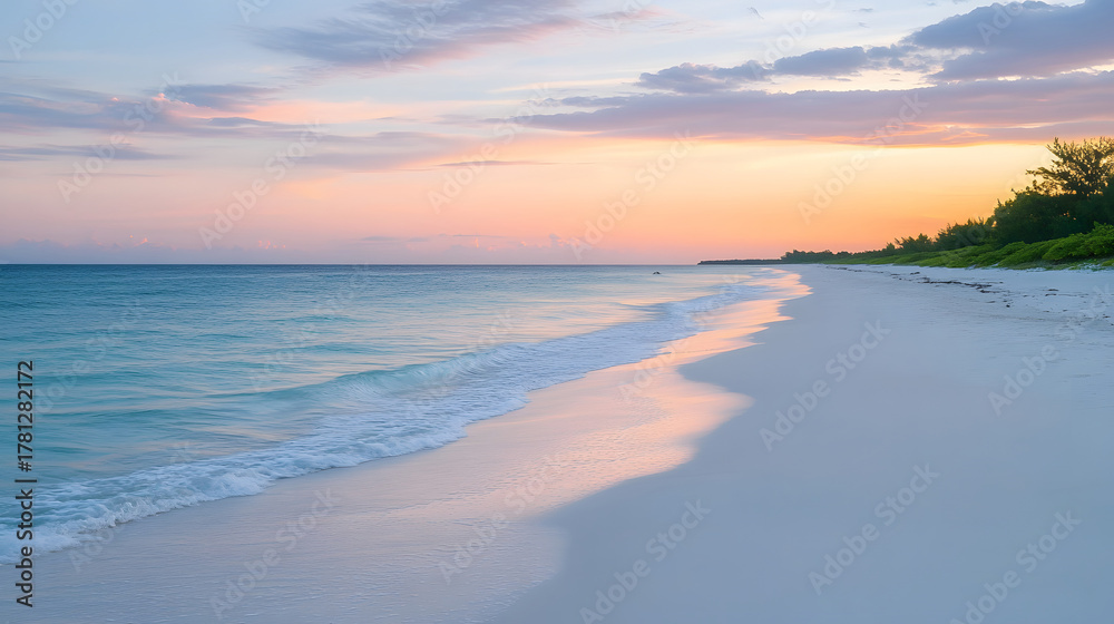 Fototapeta premium A picturesque beach scene at sunset showing calm waves rolling onto a sandy shore under a colorful sky.
