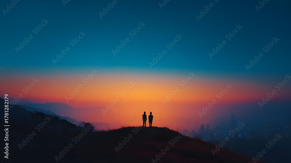 Fototapeta premium Two figures stand silhouetted atop a dark ridge overlooking a sprawling metropolitan area during twilight