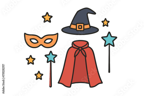 Witch hat, red cape, masquerade mask, and magic wands for Halloween costume party
