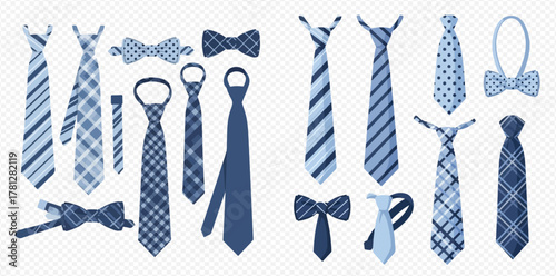 A diverse collection of blue neckties and bow ties featuring various patterns like stripes, plaid, and solid designs for men's fashion.