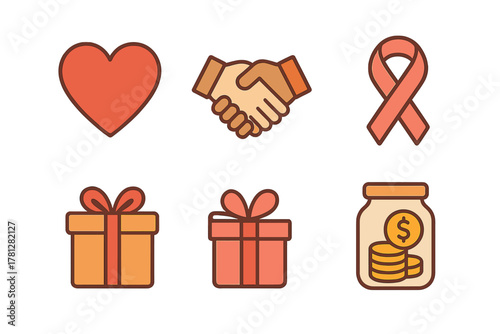 Collection of flat design icons representing charity, giving, support, donation, and community assistance