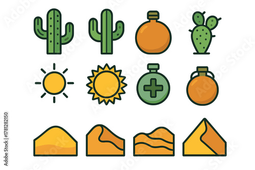 Set of colorful flat icons representing desert environment, survival, cacti, sun, water, and sand dunes