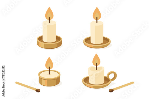 Isometric set of burning wax candles on golden holders and saucers with wooden matches